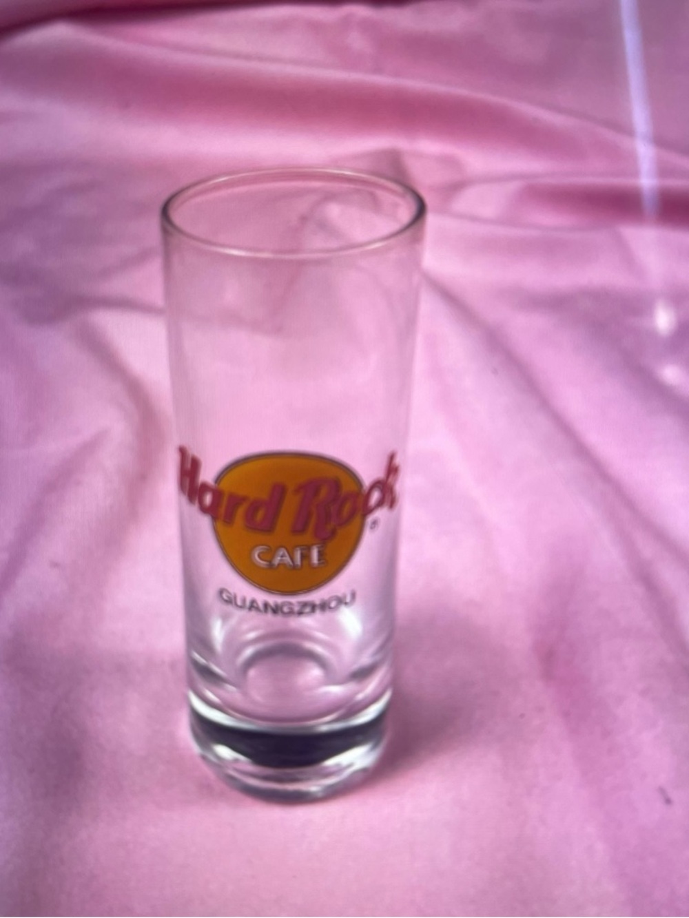 Hard Rock Café Guangzhou Tall Shot Glass - Yellow & Red Logo.